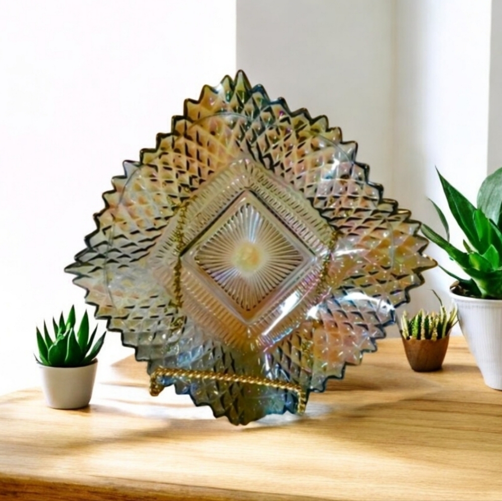 Vintage Indian Glass Smoky candy dish.  Iridescent In excellent shape. No chips